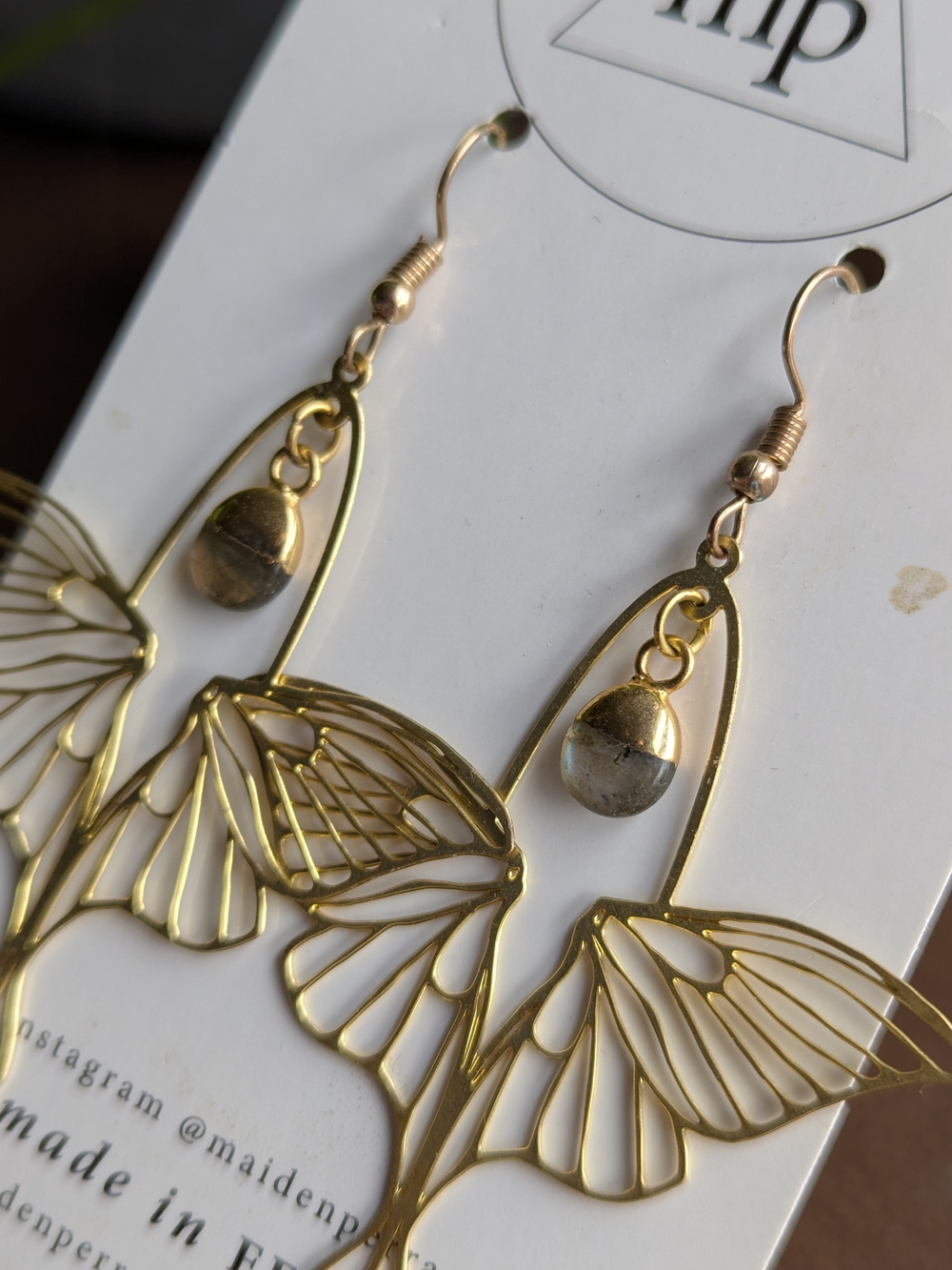 NWT Maiden Perras Gold Luna Moth Labradorite Drop Earrings Whimsigoth Fairycore - Picture 5 of 9